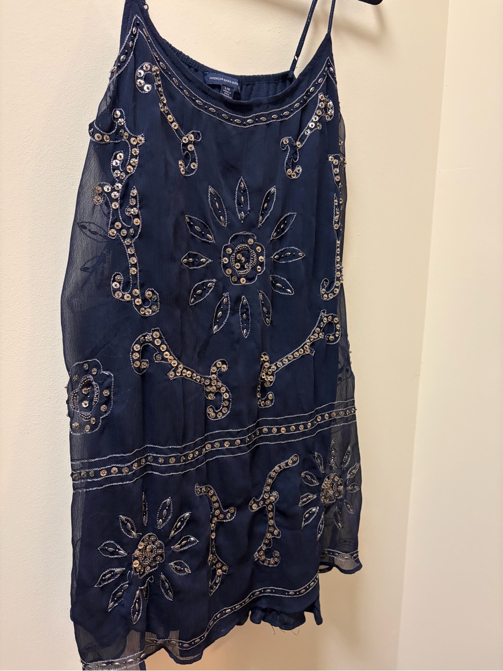 American Eagle Outfitters Navy Beaded Spaghetti-Strap Mini Dress Women’s Large - Picture 7 of 7